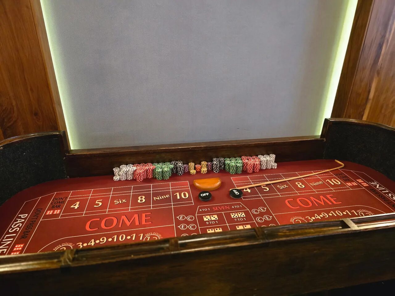 Close-up of a craps table layout with casino chips at a Honolulu casino party